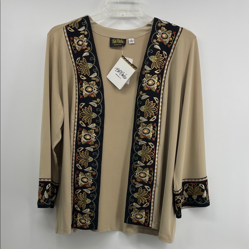 Bob Mackie Tan Cardigan with Black Embroidery